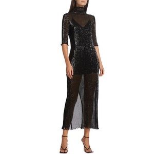 Rosetta Getty Sequined Mesh Midi Maxi Dress (Sz M) Mock Neck Black